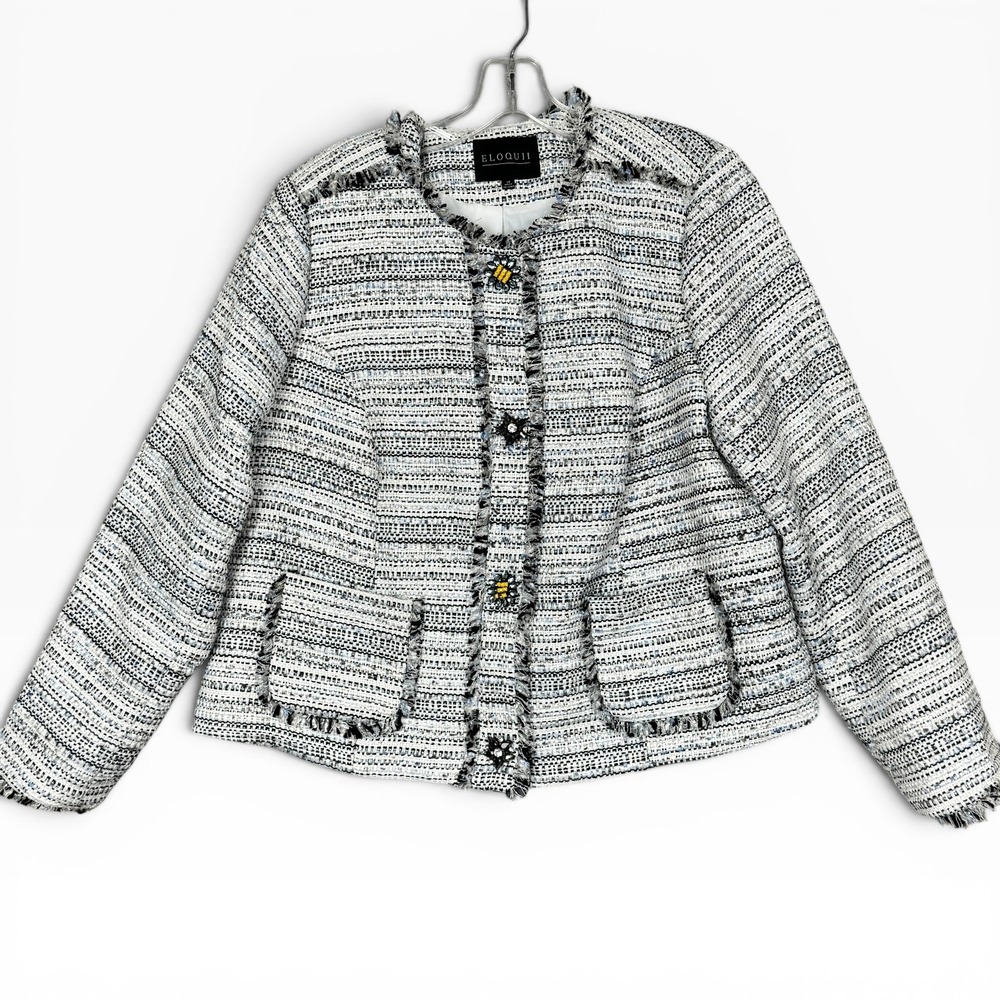Eloquii Tweed Jacket Women 14 White Blue Frayed Fringe Jeweled Bee Button Blazer